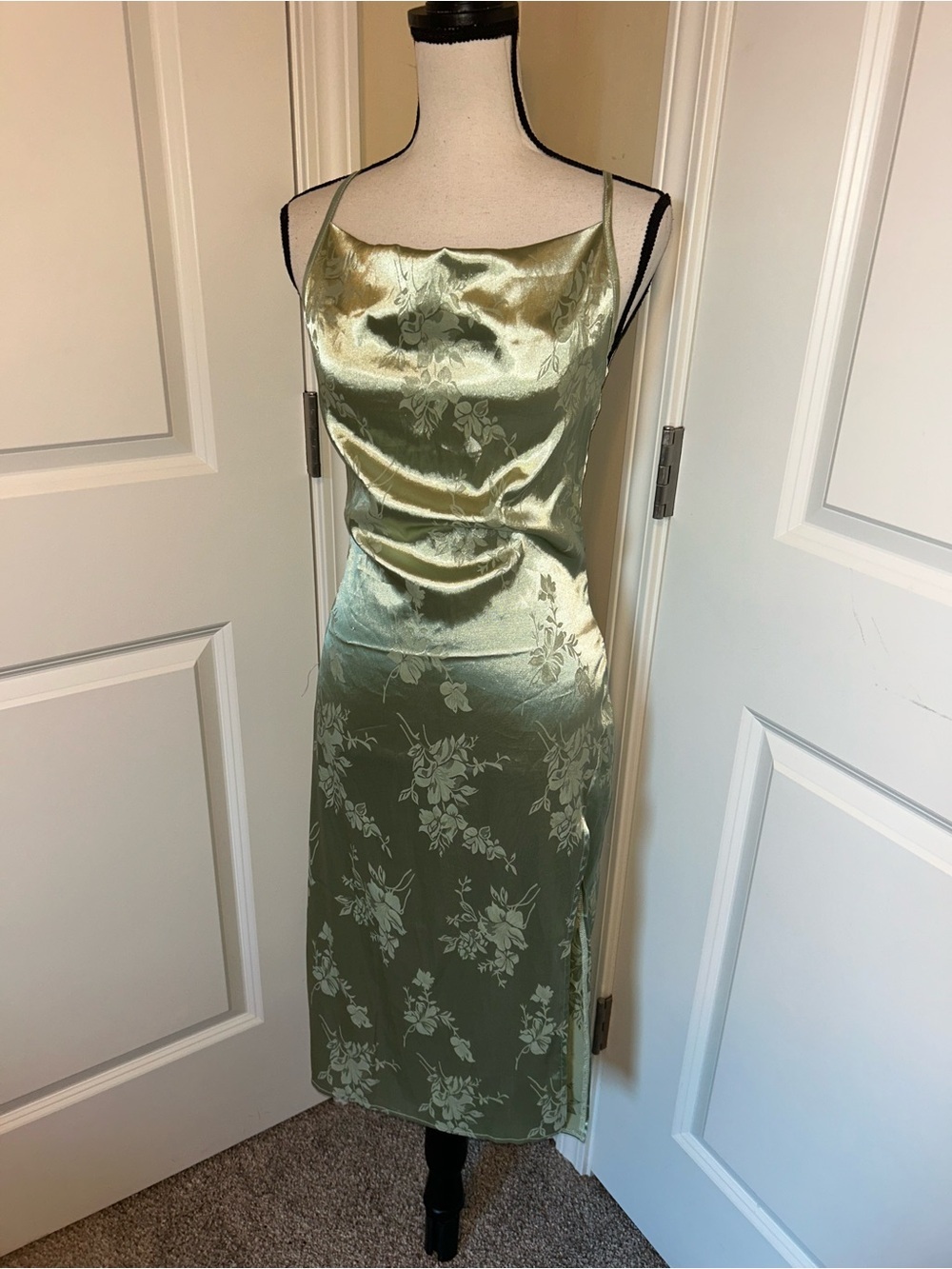 Satin Floral Slip Dress in Sage Green with slit